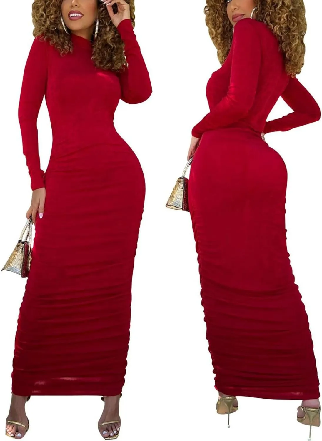 Women's Bodycon Maxi Long Dress Elegant Long Sleeve Stretchy Dresses Club Outfit