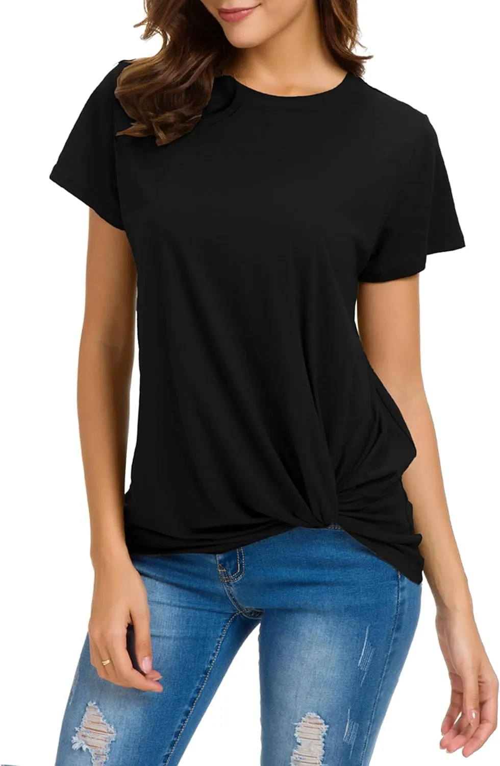 Women's Casual Round Neck Short Sleeve Tie Up T-Shirt Blouse Comfortable Cotton Basic Tops