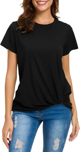 Women's Casual Round Neck Short Sleeve Tie Up T-Shirt Blouse Comfortable Cotton Basic Tops