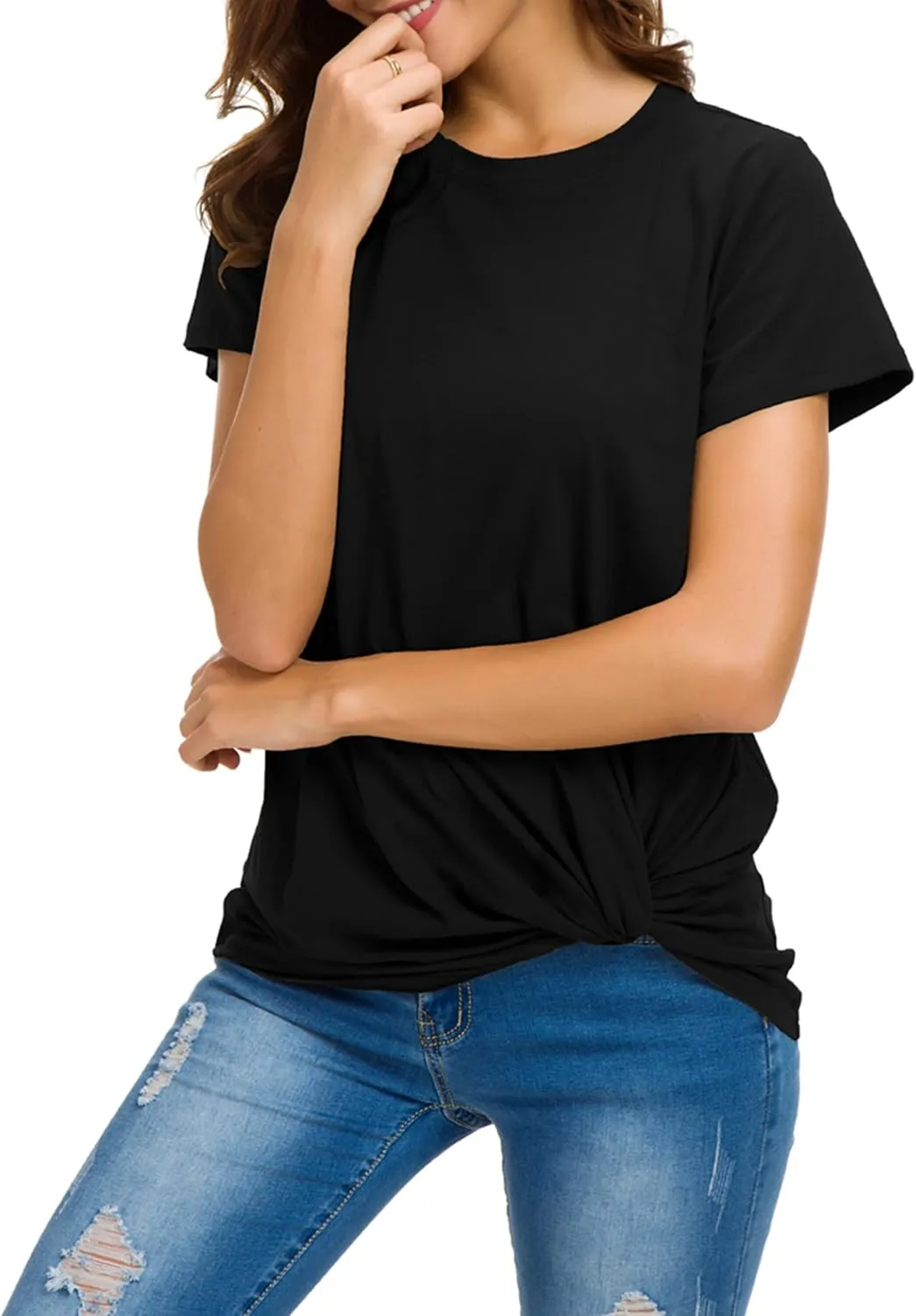 Women's Casual Round Neck Short Sleeve Tie Up T-Shirt Blouse Comfortable Cotton Basic Tops