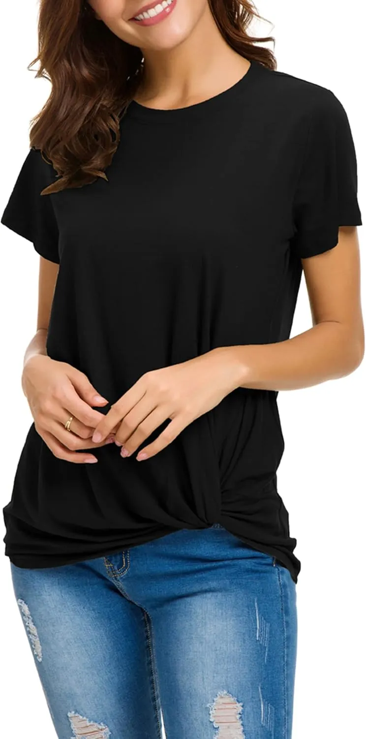 Women's Casual Round Neck Short Sleeve Tie Up T-Shirt Blouse Comfortable Cotton Basic Tops