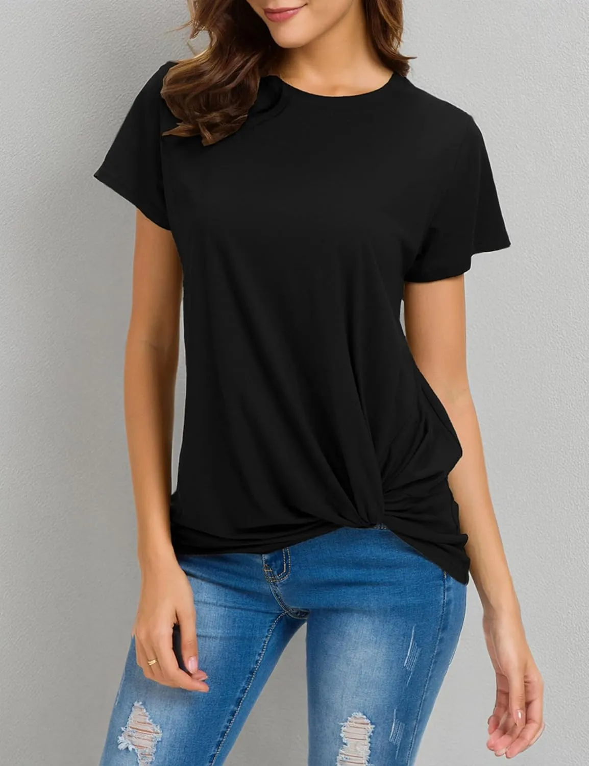 Women's Casual Round Neck Short Sleeve Tie Up T-Shirt Blouse Comfortable Cotton Basic Tops