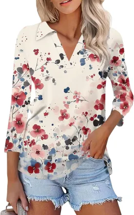 Women's Floral Embroidered V-Neck 3/4 Sleeve Casual Blouse Top Comfortable and Stylish for Everyday Wear