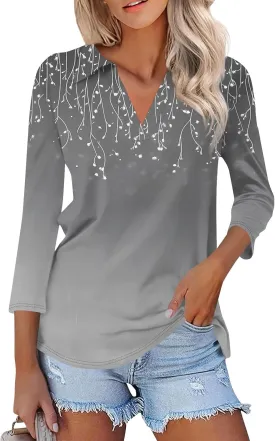 Women's Floral Embroidered V-Neck 3/4 Sleeve Casual Blouse Top Comfortable and Stylish for Everyday Wear