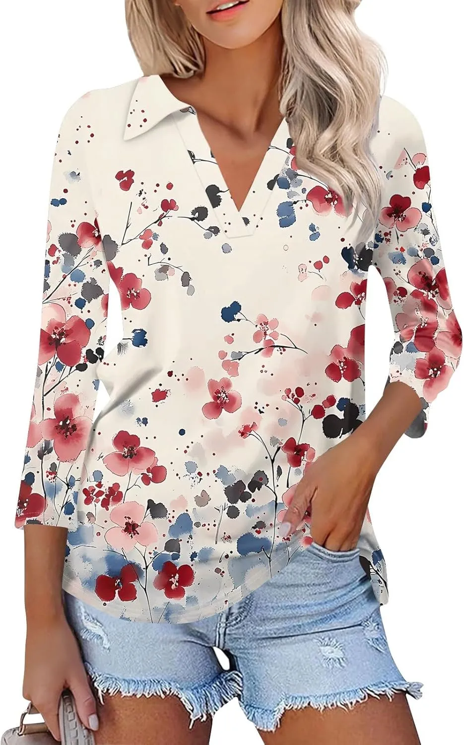 Women's Floral Embroidered V-Neck 3/4 Sleeve Casual Blouse Top Comfortable and Stylish for Everyday Wear
