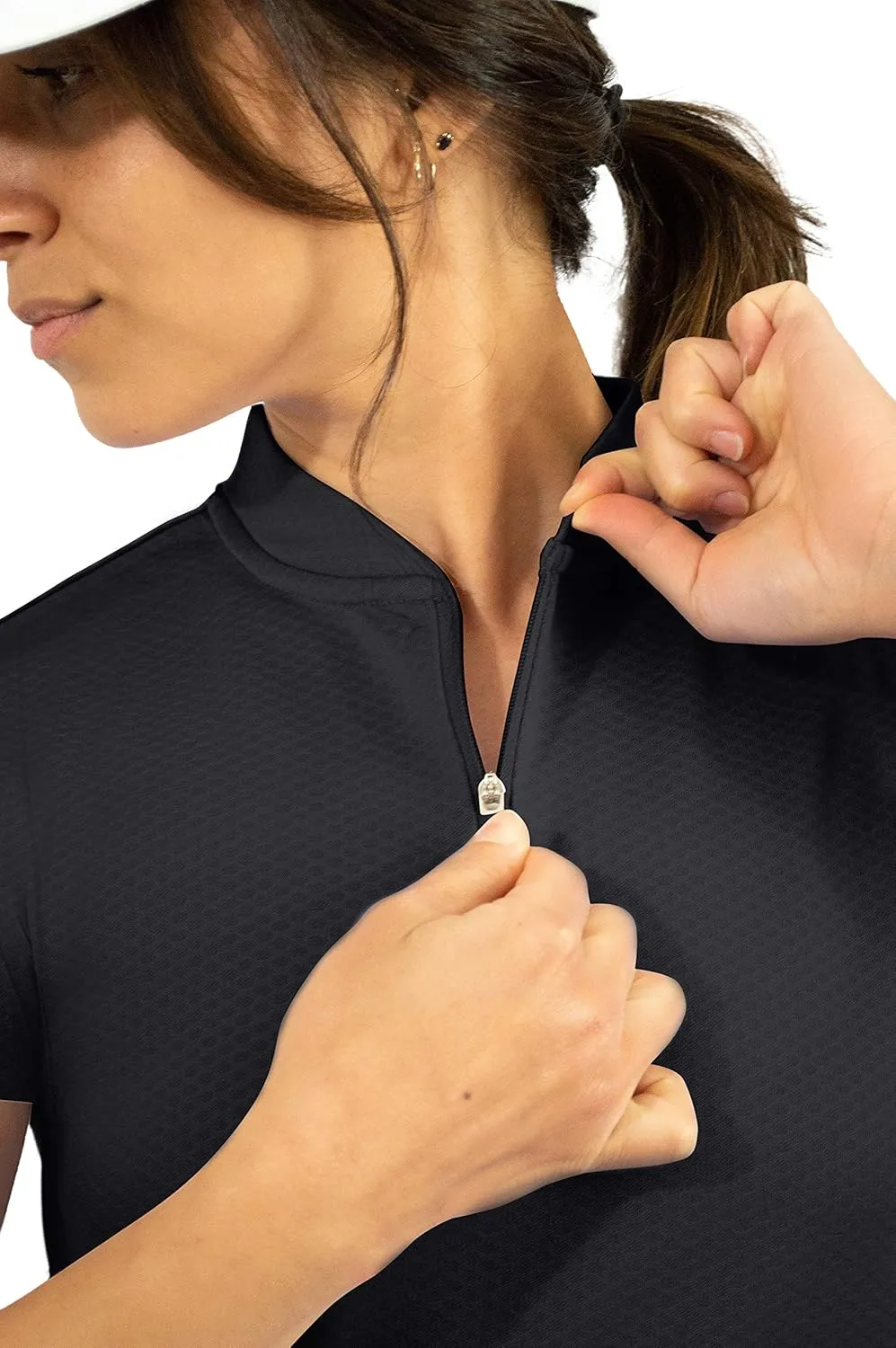 Womens Golf Polo with Zipper - Short Sleeve and Collarless Golf Shirts for Women - UV Protection, Dry Fit, and 4 Way Stretch