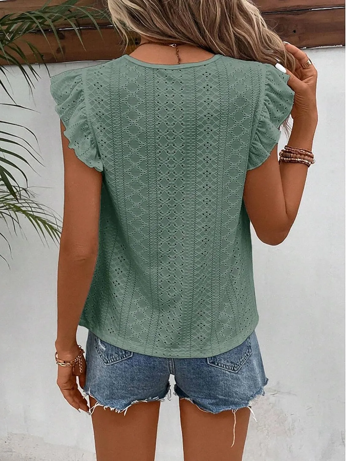 Women's Ruffle Edge Sleeve Top Casual Shirt Round Neck Eyelet Summer Cool and Comfortable Short Sleeve