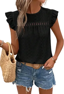 Women's Ruffle Edge Sleeve Top Casual Shirt Round Neck Eyelet Summer Cool and Comfortable Short Sleeve