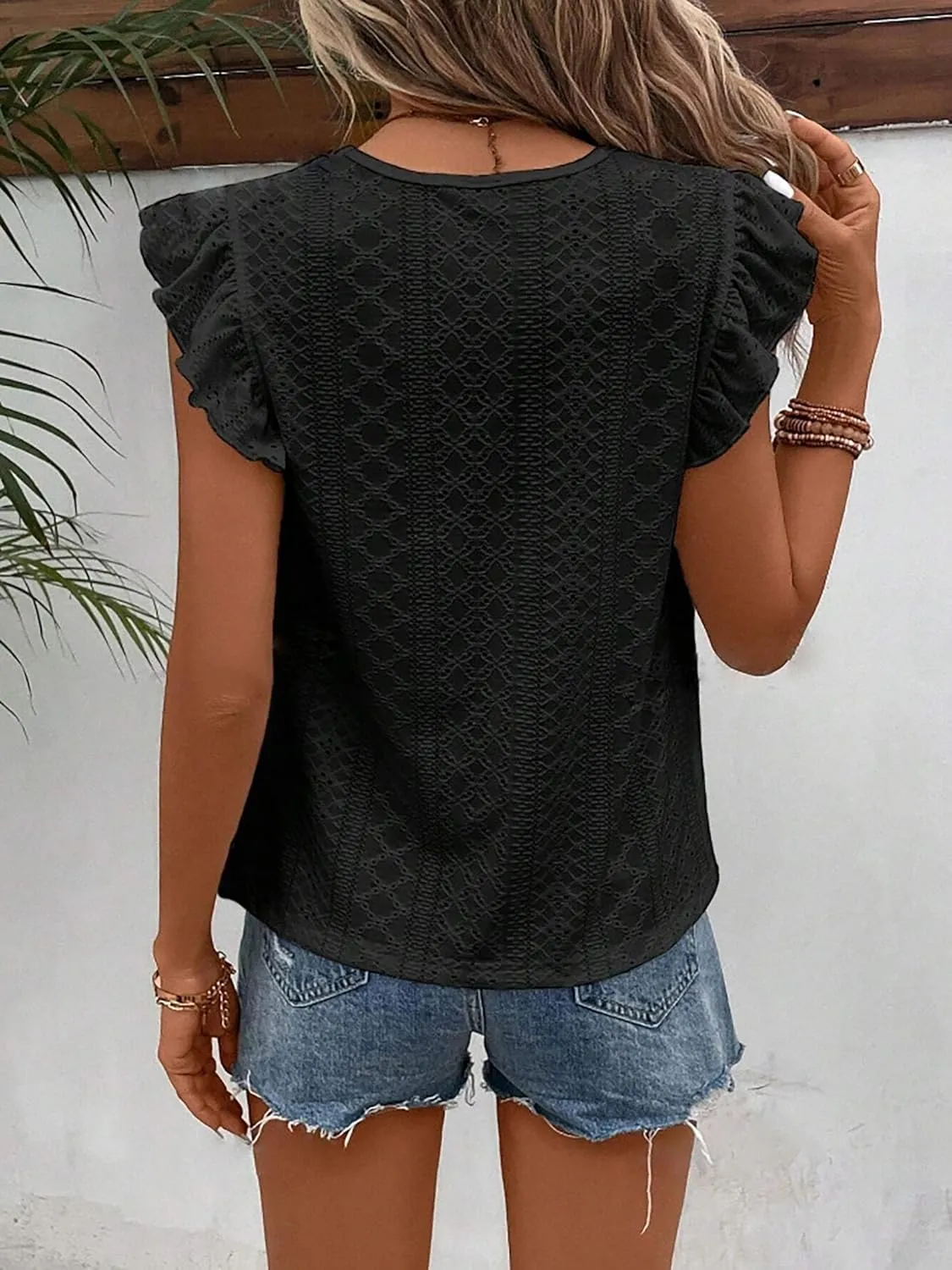 Women's Ruffle Edge Sleeve Top Casual Shirt Round Neck Eyelet Summer Cool and Comfortable Short Sleeve