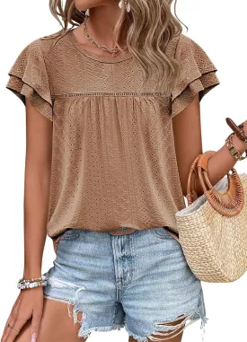 Women's Ruffle Edge Sleeve Top Casual Shirt Round Neck Eyelet Summer Cool and Comfortable Short Sleeve