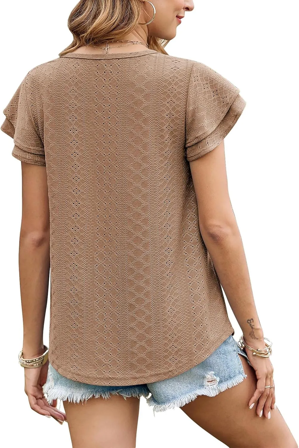 Women's Ruffle Edge Sleeve Top Casual Shirt Round Neck Eyelet Summer Cool and Comfortable Short Sleeve