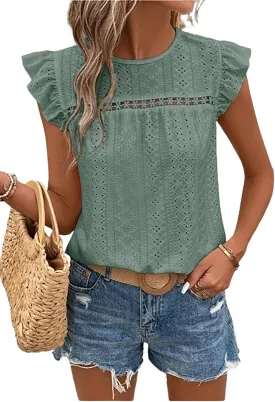Women's Ruffle Edge Sleeve Top Casual Shirt Round Neck Eyelet Summer Cool and Comfortable Short Sleeve