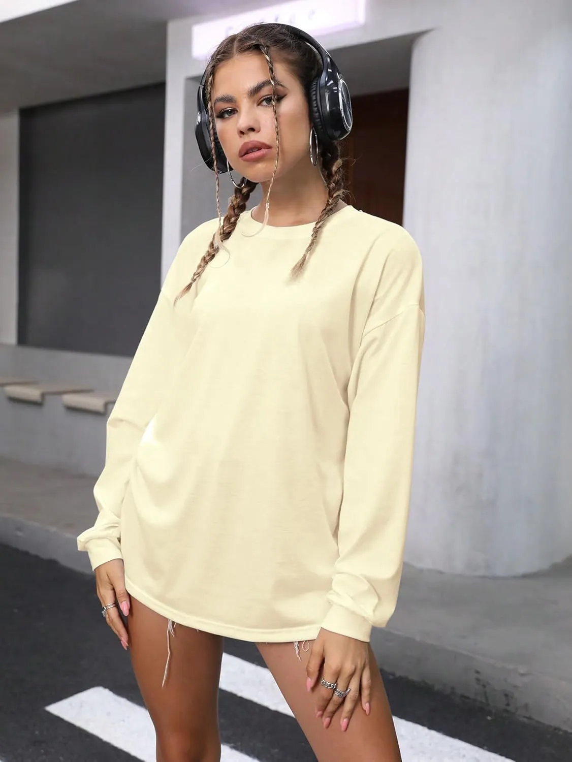 Womens Tops Long Sleeve Shirts Solid Drop Shoulder Tee Casual Basic Crewneck Tee Loose Blouses