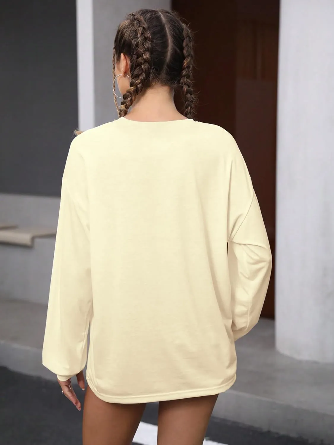 Womens Tops Long Sleeve Shirts Solid Drop Shoulder Tee Casual Basic Crewneck Tee Loose Blouses