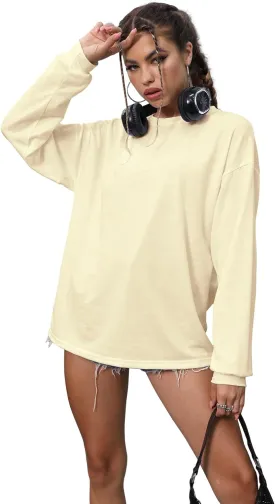 Womens Tops Long Sleeve Shirts Solid Drop Shoulder Tee Casual Basic Crewneck Tee Loose Blouses