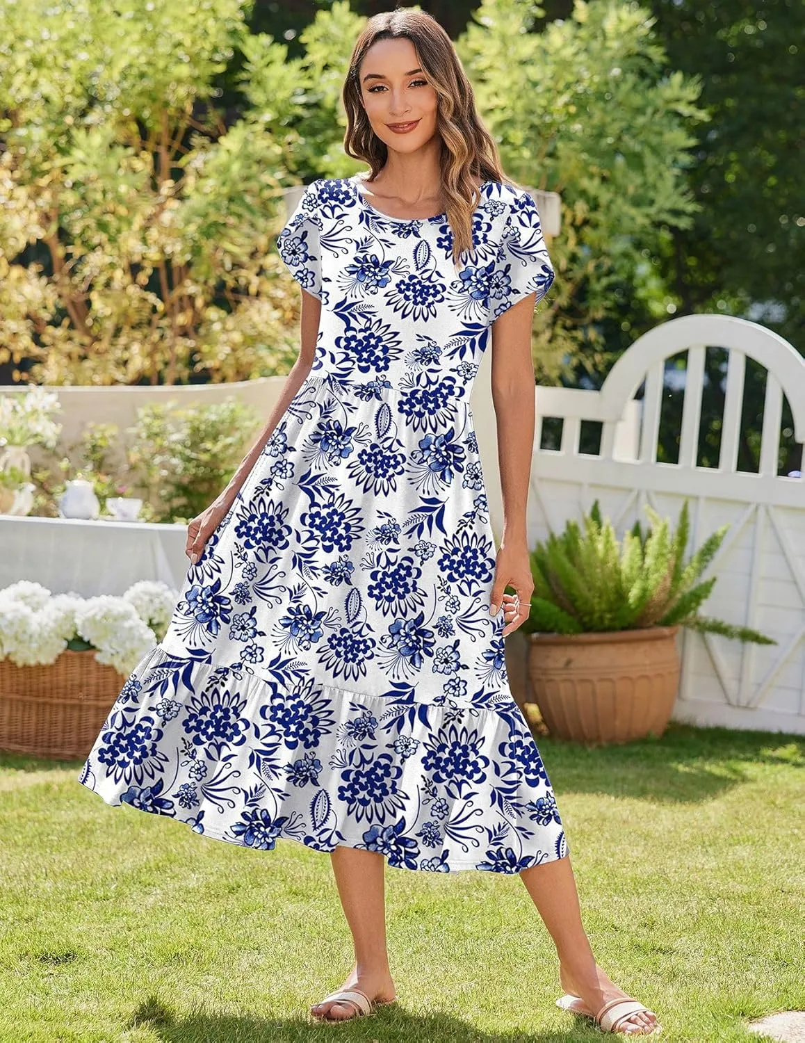 Zeagoo Women Summer Midi A Line Dress Short Sleeve Casual Flowy Tiered Beach Long Sundress with Pockets 2025 Vacation Travel