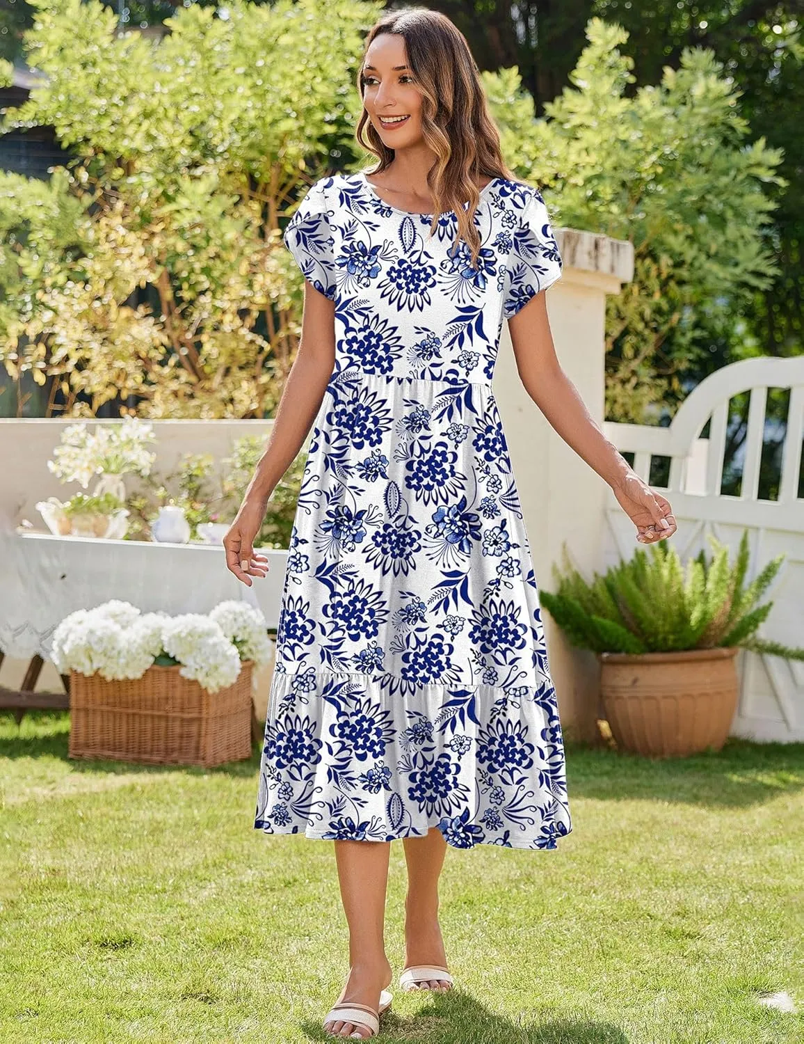 Zeagoo Women Summer Midi A Line Dress Short Sleeve Casual Flowy Tiered Beach Long Sundress with Pockets 2025 Vacation Travel