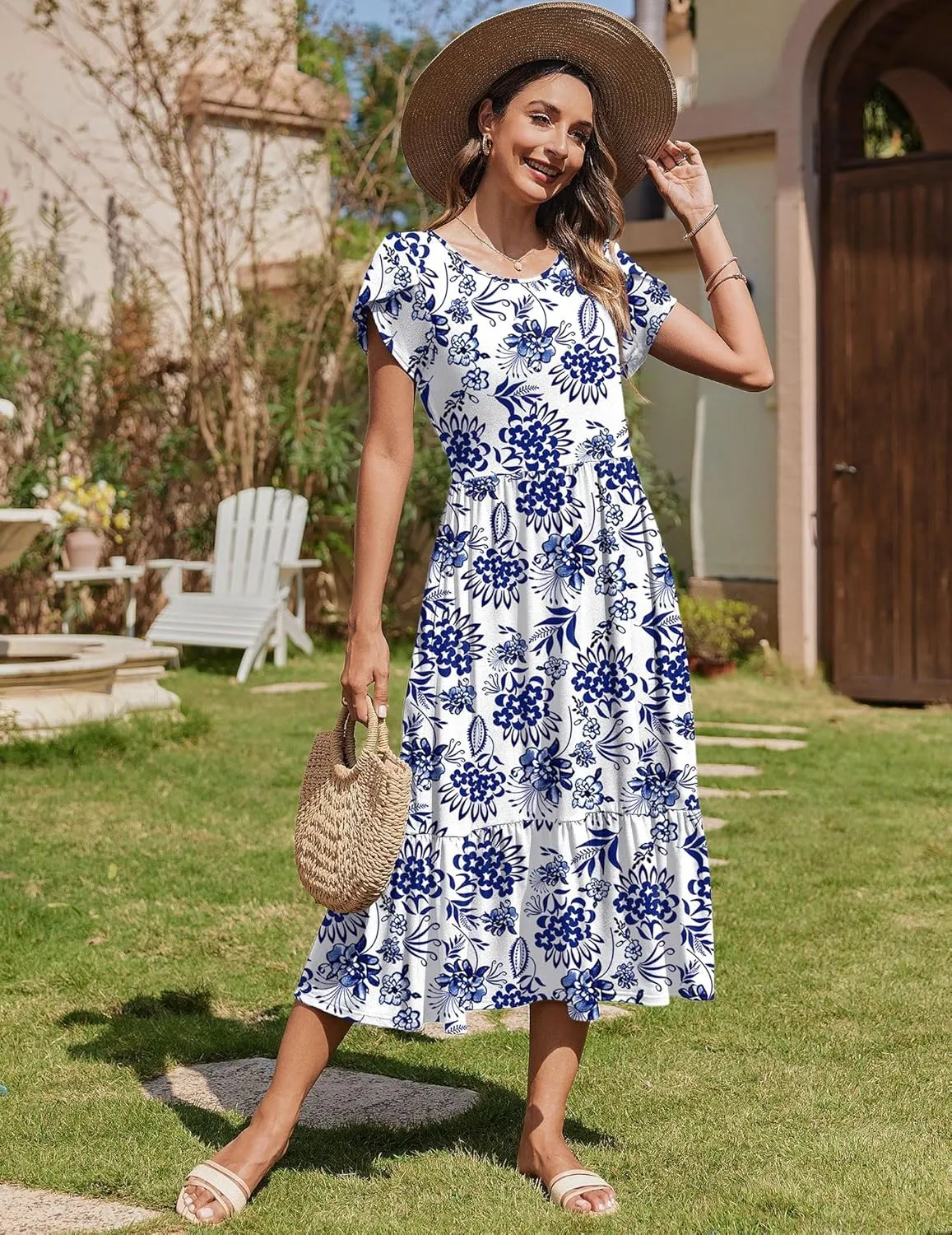 Zeagoo Women Summer Midi A Line Dress Short Sleeve Casual Flowy Tiered Beach Long Sundress with Pockets 2025 Vacation Travel