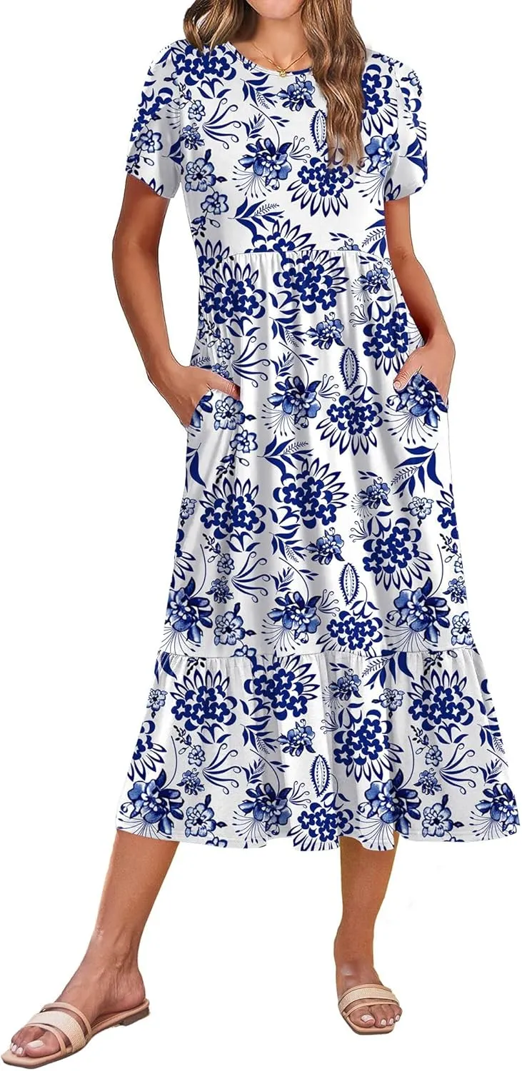 Zeagoo Women Summer Midi A Line Dress Short Sleeve Casual Flowy Tiered Beach Long Sundress with Pockets 2025 Vacation Travel