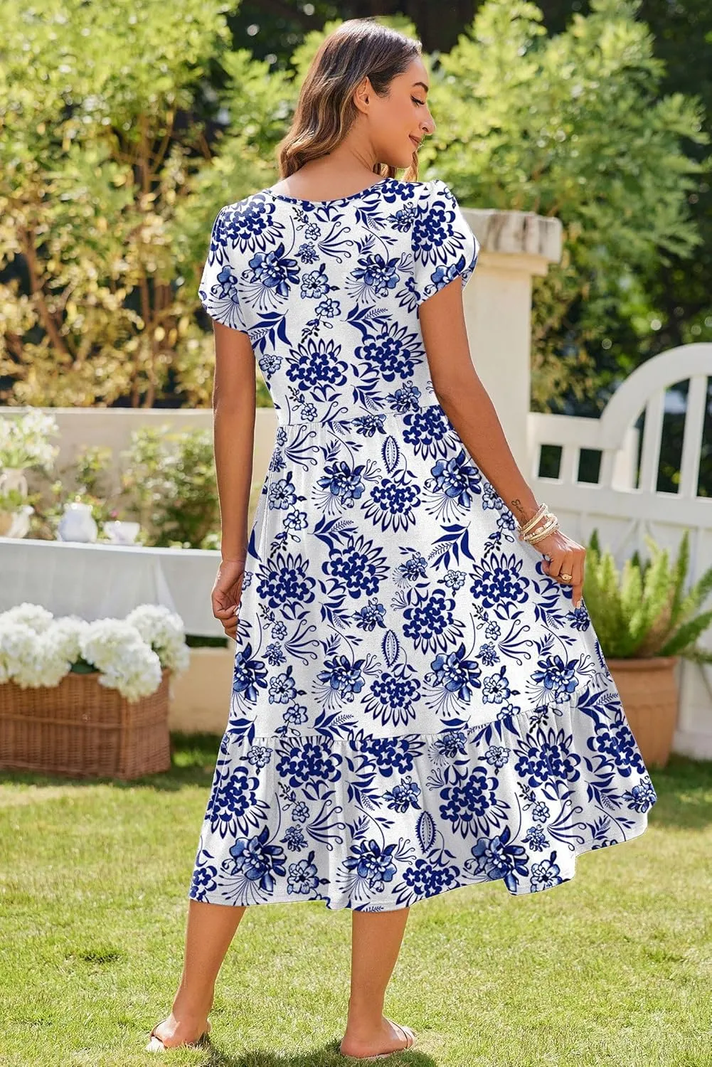 Zeagoo Women Summer Midi A Line Dress Short Sleeve Casual Flowy Tiered Beach Long Sundress with Pockets 2025 Vacation Travel