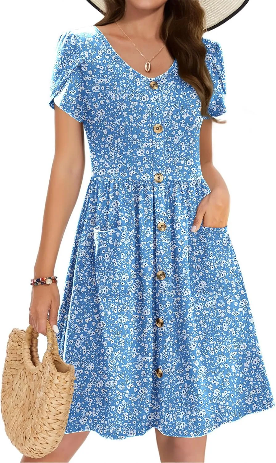 Zeagoo Womens Summer Dress Mini Petal Short Sleeve Dresses Pleated Button Down V Neck Floral Beach Swing Vacation Dress 2025